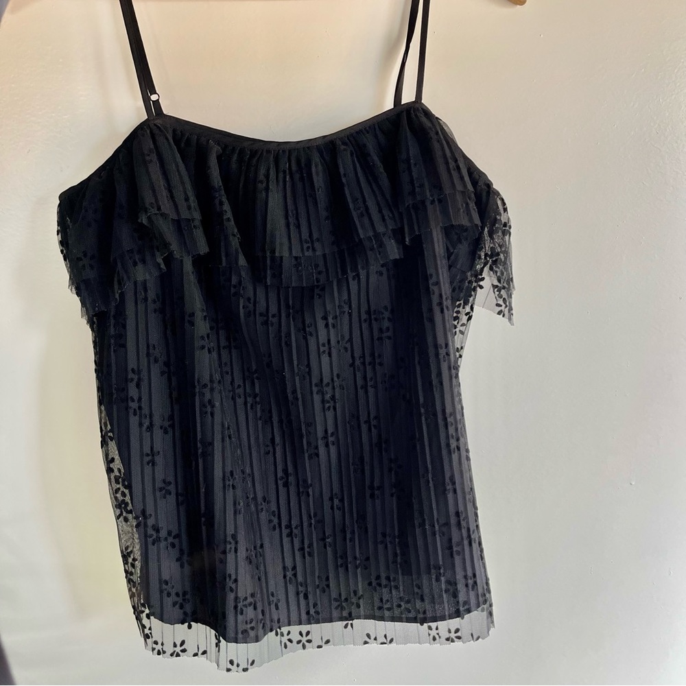 J Crew Pleated Sheer Lace Camisole Top with Velvet Flowers in Black